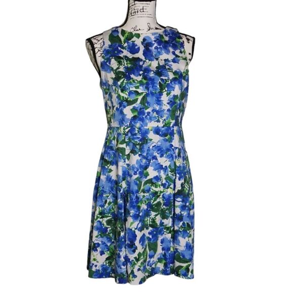 Milly Design Nation Blue and White Floral Sleeveless Fit & Flare Dress, Size 8 - Picture 1 of 10